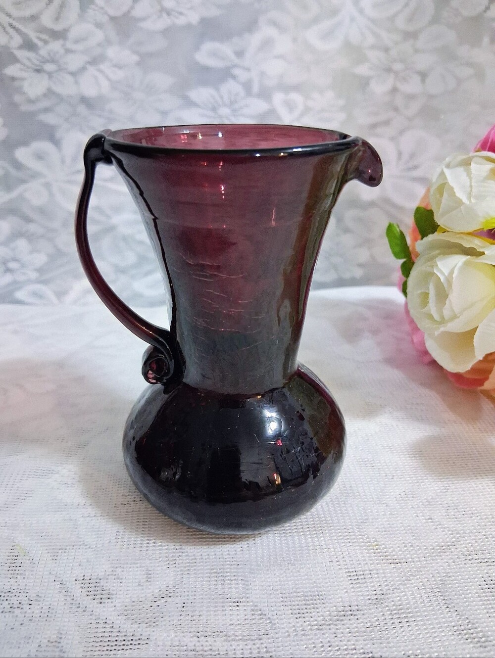 Vintage MCM Plum Amethyst Crackle Glass Mini Pitcher Creamer 4.25"